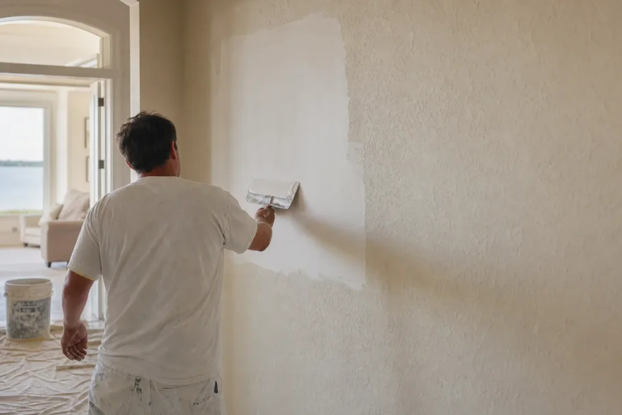 Drywall finisher skimming a large replaced section so it blends into the textured wall