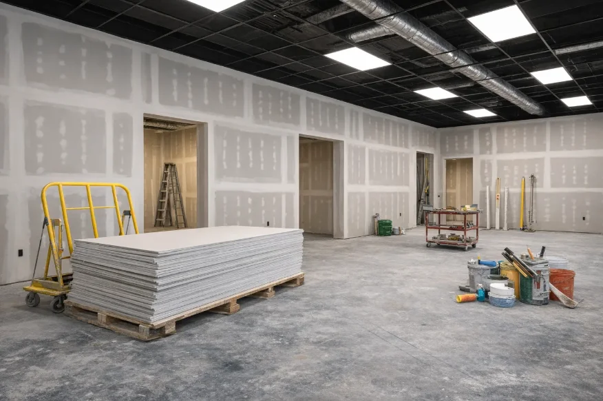 Stack of drywall sheets on a pallet inside a commercial space under construction